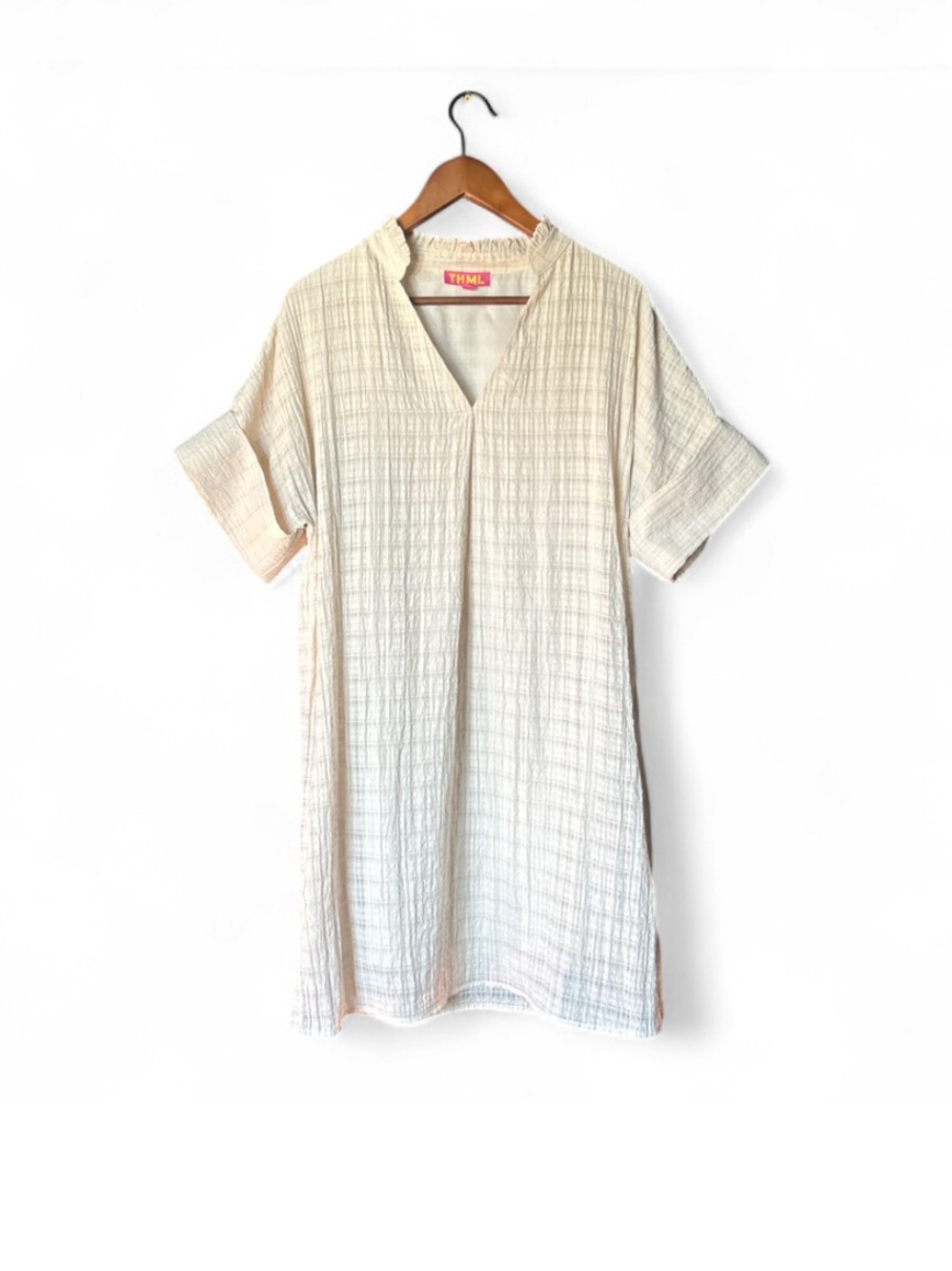 THML Cream Gauze V-Neck Short Sleeve Tunic Sheath Dress